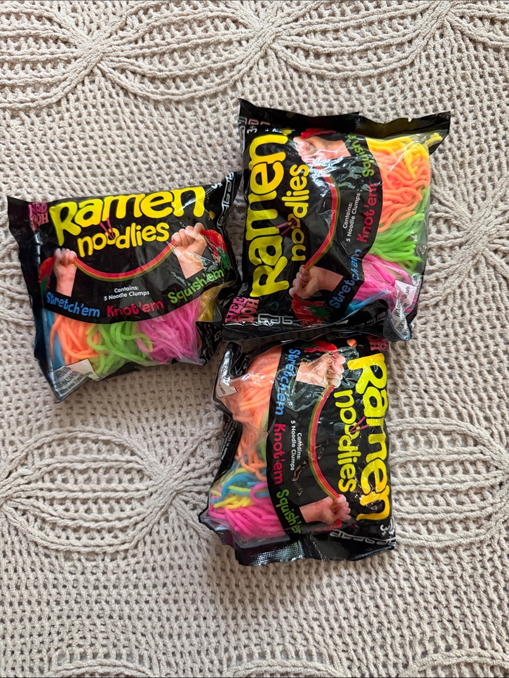 Needoh Ramen Noodlies Stretchy Sensory Noodle Clumps - Neon three pack.